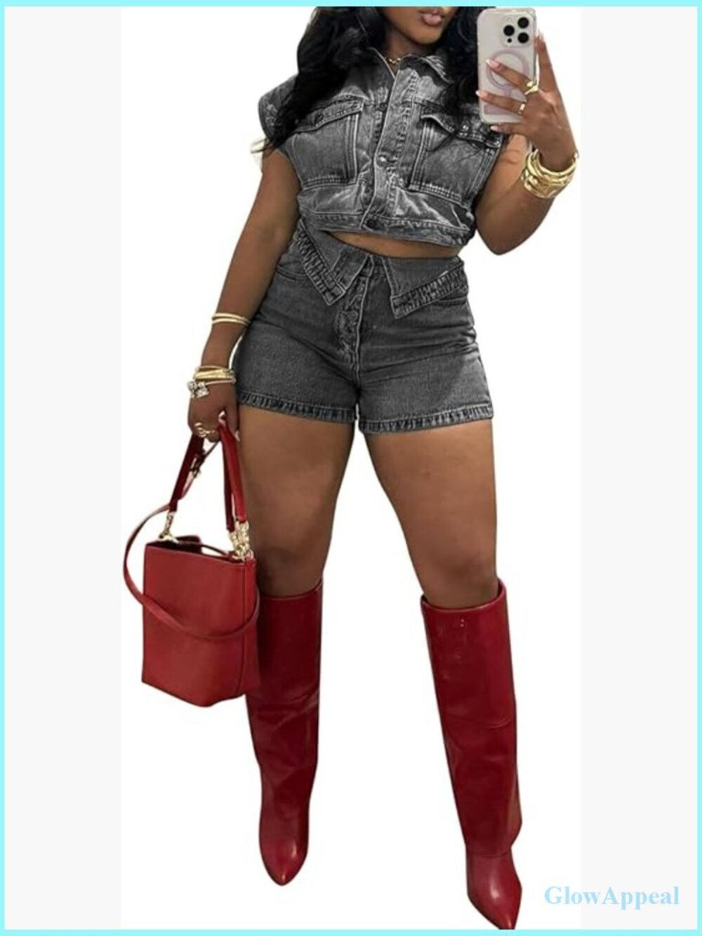 Y2K Denim Vest and Asymmetrical Shorts Set - Cap Sleeve Tank Top with High